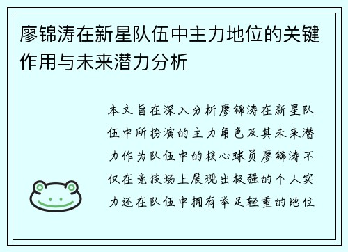 廖锦涛在新星队伍中主力地位的关键作用与未来潜力分析