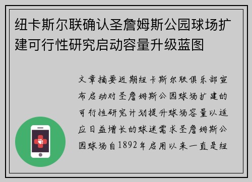 纽卡斯尔联确认圣詹姆斯公园球场扩建可行性研究启动容量升级蓝图 纽卡斯尔联确认圣詹姆斯公园球场扩建可行性研究启动容量升级蓝图
